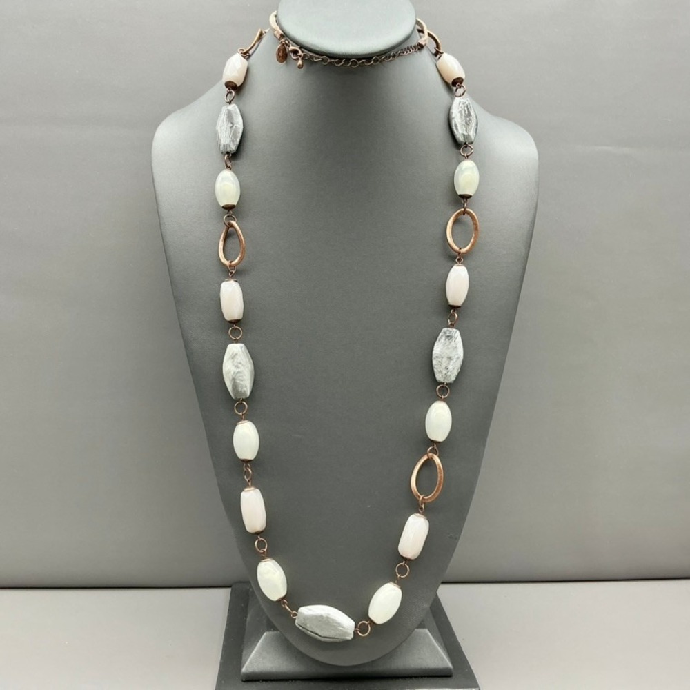 Cookie Lee Beaded Long Cord Necklace Women White Gray Copper Tone Boho Jewelry